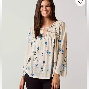 Lucky Brand Linen Blend Pop Over Bell Sleeve Crochet Lace Keyhole Top Sz 1X A18